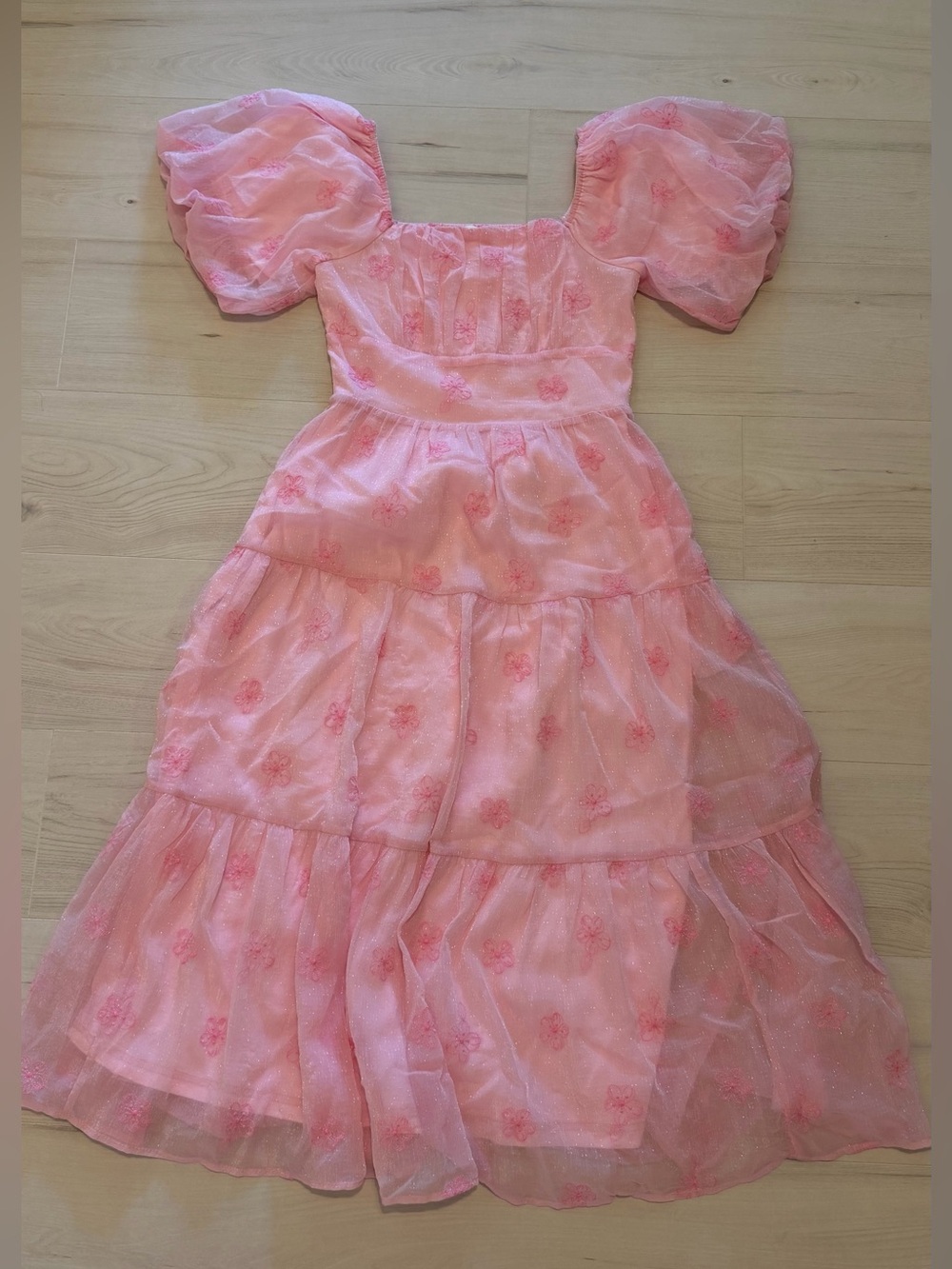 Listicle Pink Puff Sleeve Flower Midi Dress
